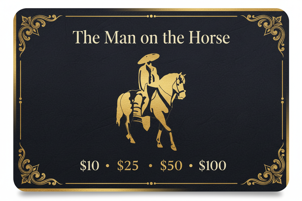 The Man on the Horse gift card featuring the brand's equestrian logo on a dark background with gold accents and denomination options $10, $25, $50, $100